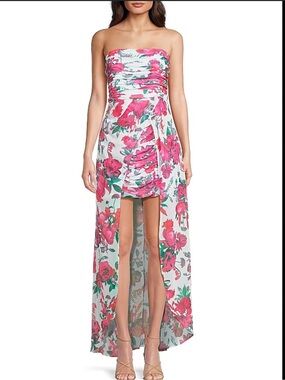 Hutch Strapless White Dress with Pink Floral High-Low Hem